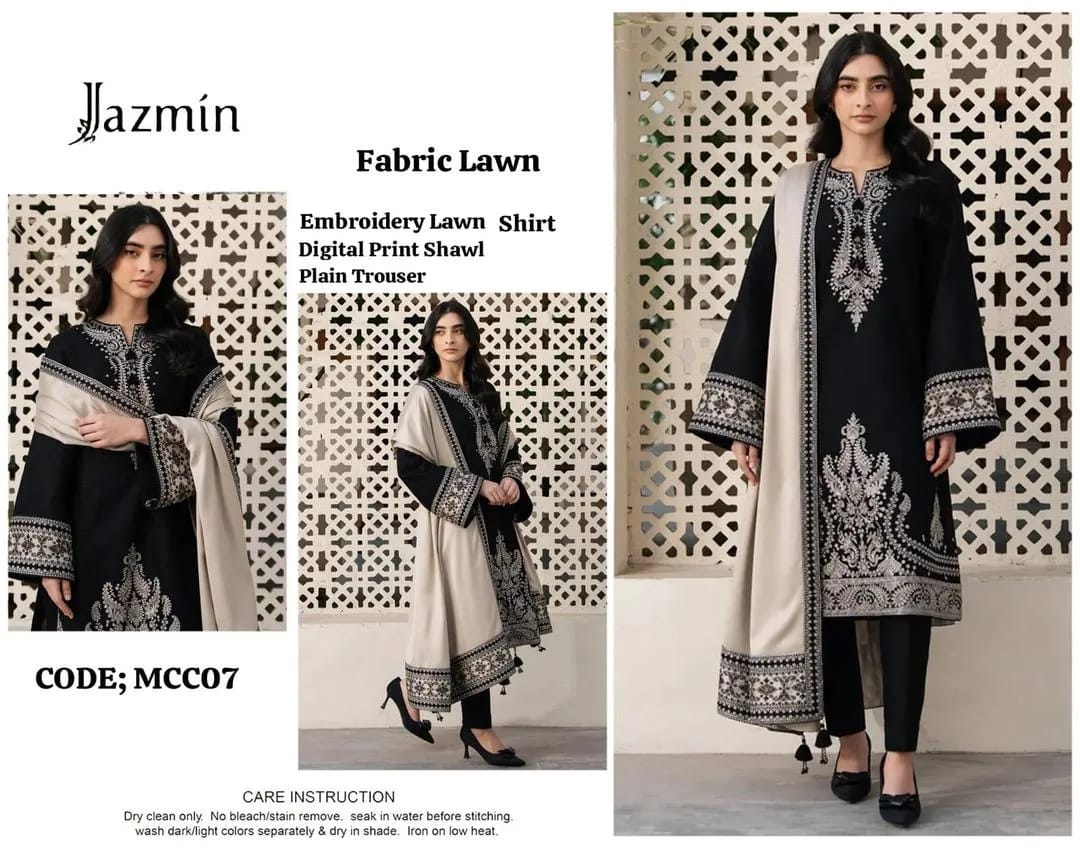 KOVE - Women's Black Embroidered Lawn 3-Piece Suit with Beige Khaadi Shawl