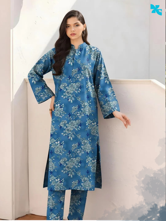 KOVE - Blue Printed Dobby Lawn 3-Piece Kurta Set for Women