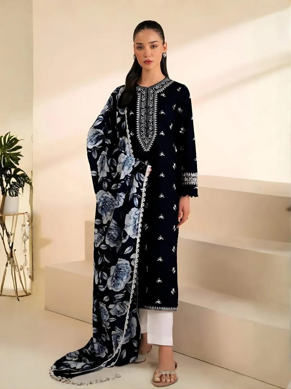 Black Embroidered 3-Piece Lawn Suit for Women | KOVE
