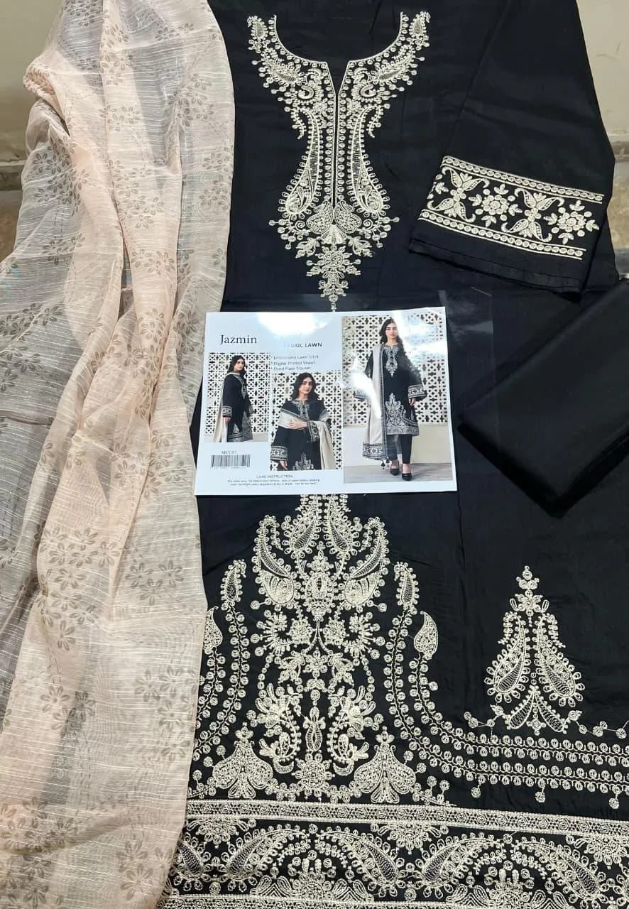 KOVE - Women's Black Embroidered Lawn 3-Piece Suit with Beige Khaadi Shawl