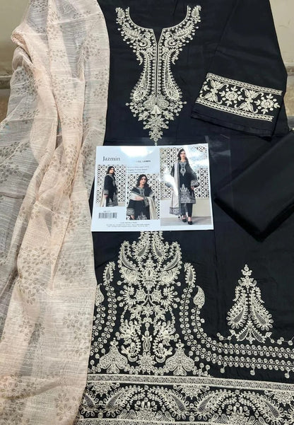 KOVE - Women's Black Embroidered Lawn 3-Piece Suit with Beige Khaadi Shawl