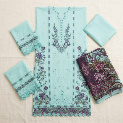 KOVE - Pakistani Women's Light Blue Embroidered Lawn 3-Piece Kurta Set
