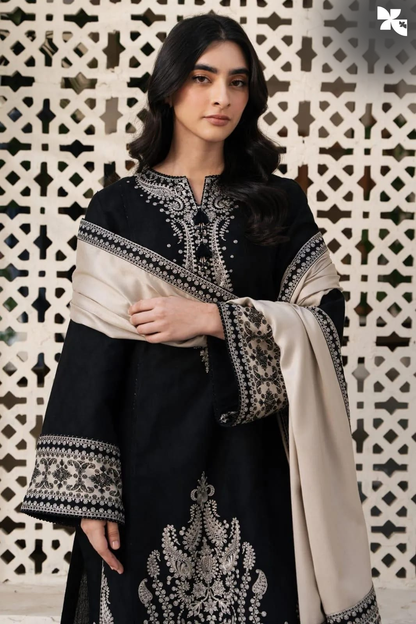 KOVE - Women's Black Embroidered Lawn 3-Piece Suit with Beige Khaadi Shawl