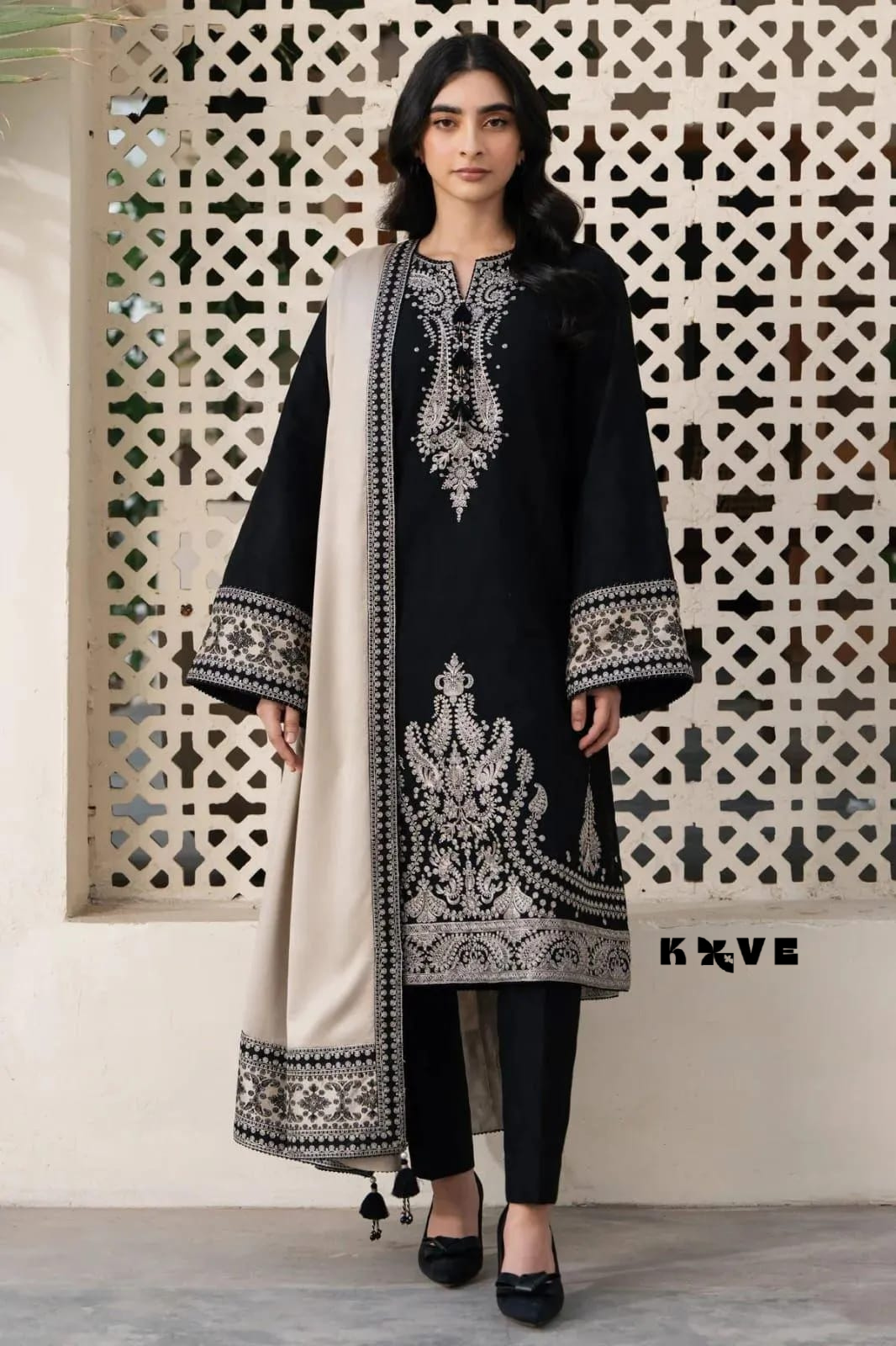 KOVE - Women's Black Embroidered Lawn 3-Piece Suit with Beige Khaadi Shawl
