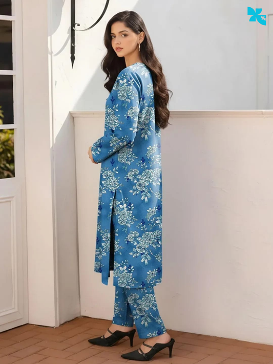 KOVE - Blue Printed Dobby Lawn 3-Piece Kurta Set for Women