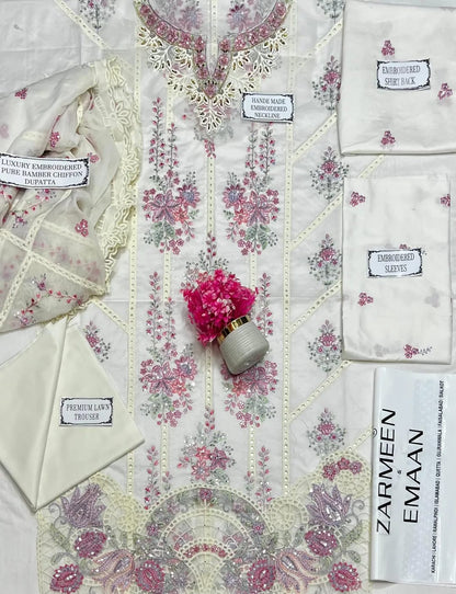 KOVE - 3 Pcs Women's Unstitched White Embroidered Lawn Suit