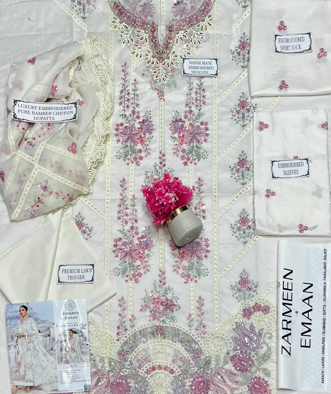 KOVE - 3 Pcs Women's Unstitched White Embroidered Lawn Suit