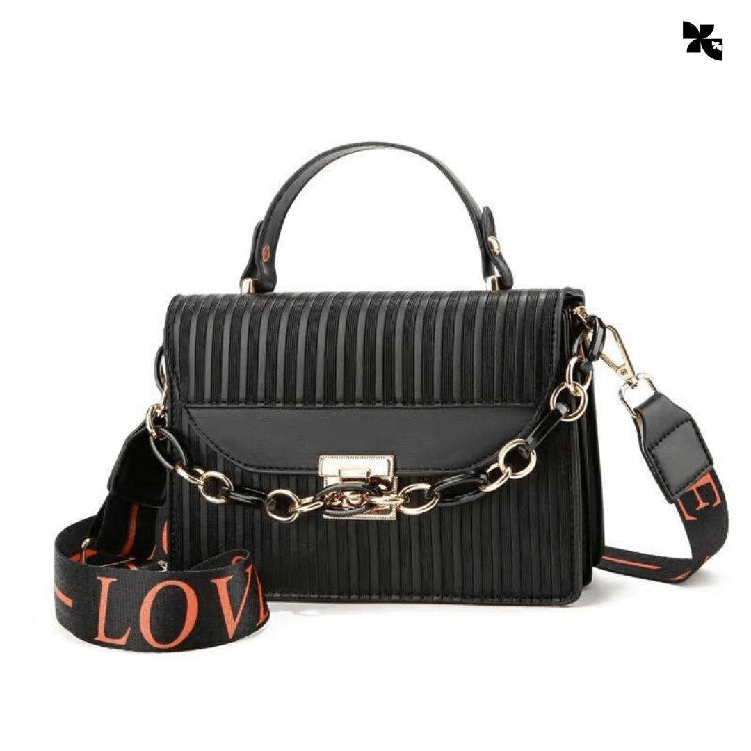 KOVE - Black Striped Shoulder Bag with Gold Chain for Women - KOVE