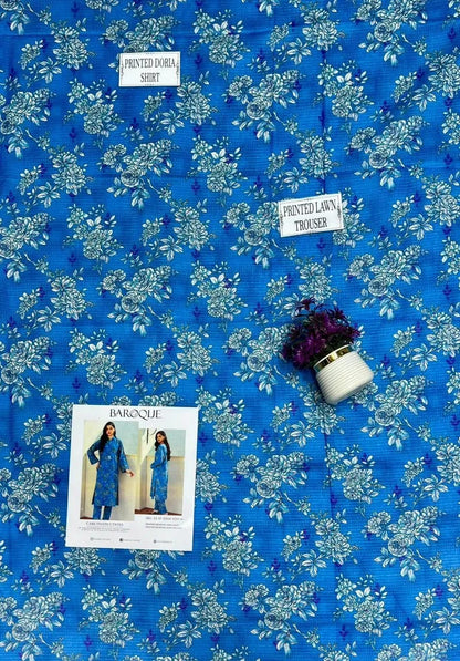 KOVE - Blue Printed Dobby Lawn 3-Piece Kurta Set for Women - KOVE