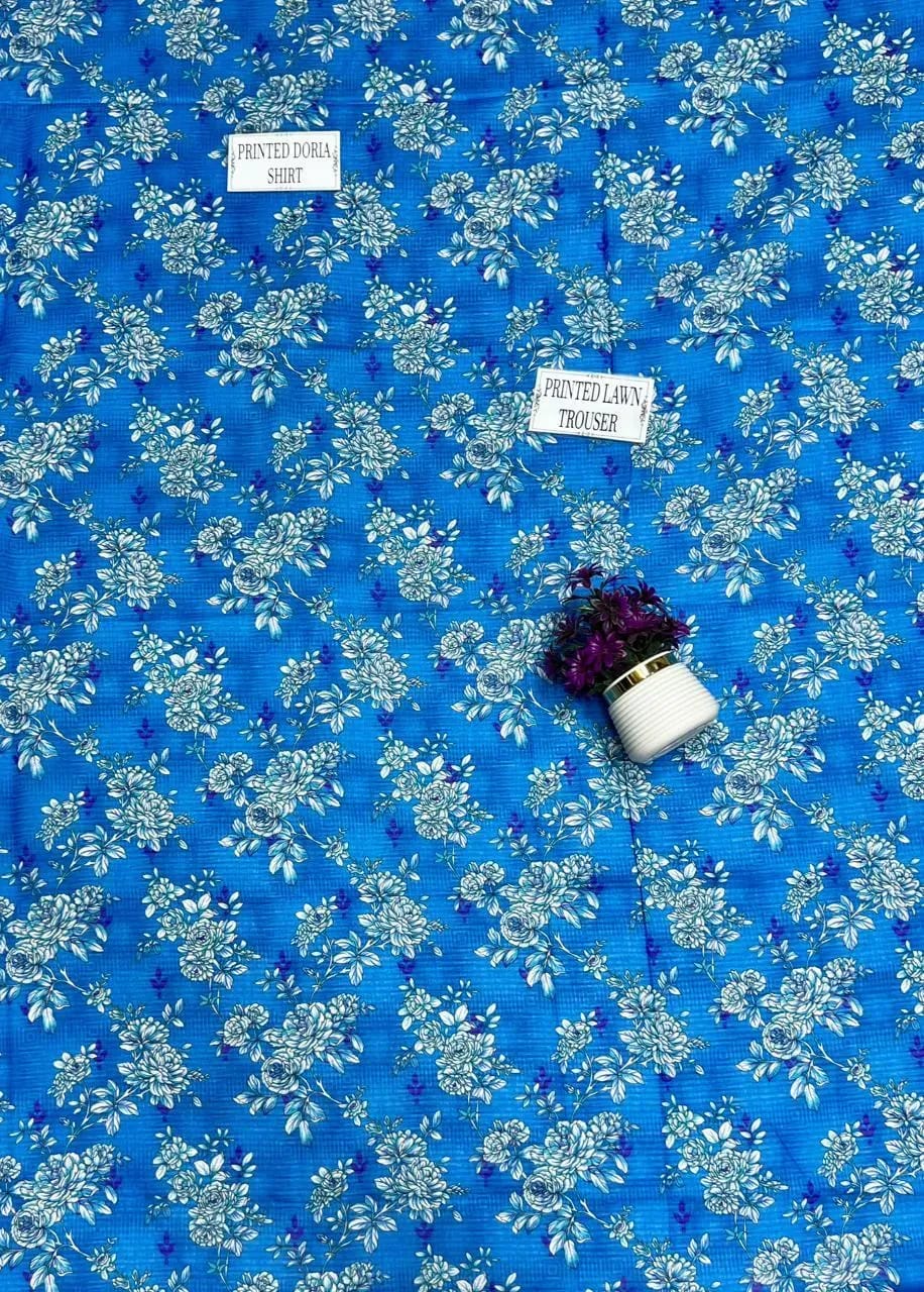 KOVE - Blue Printed Dobby Lawn 3-Piece Kurta Set for Women - KOVE