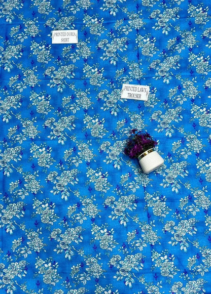 KOVE - Blue Printed Dobby Lawn 3-Piece Kurta Set for Women - KOVE