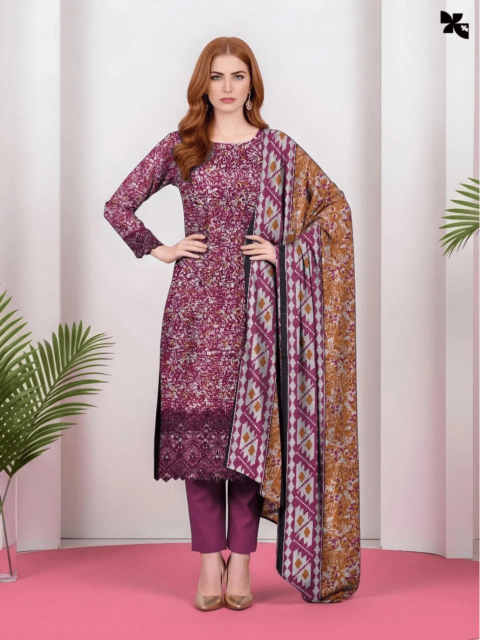 KOVE - Designer 3-Piece Khaddar Suit - Pink Gold Wedding & Formal Wear - KOVE