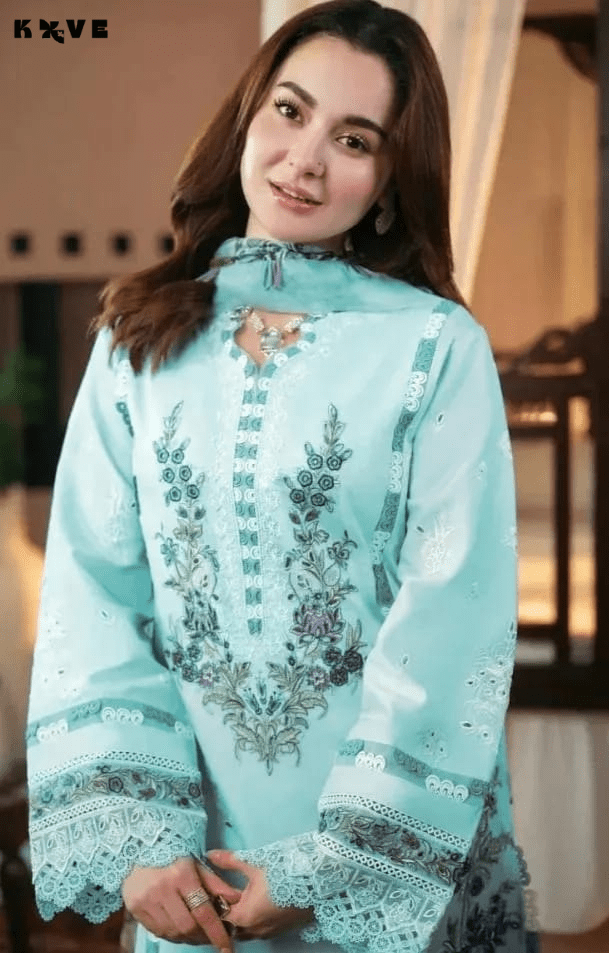 KOVE - Pakistani Women's Light Blue Embroidered Lawn 3-Piece Kurta Set - KOVE