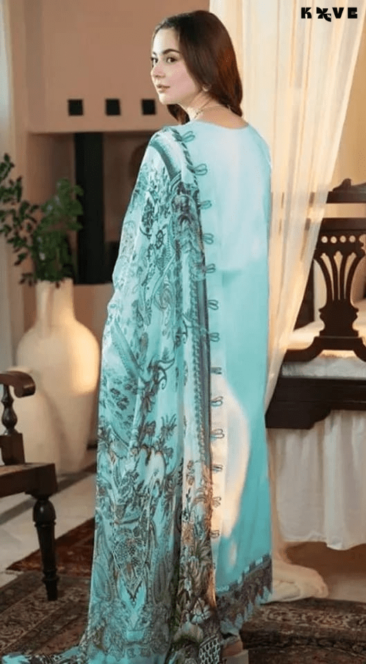 KOVE - Pakistani Women's Light Blue Embroidered Lawn 3-Piece Kurta Set - KOVE