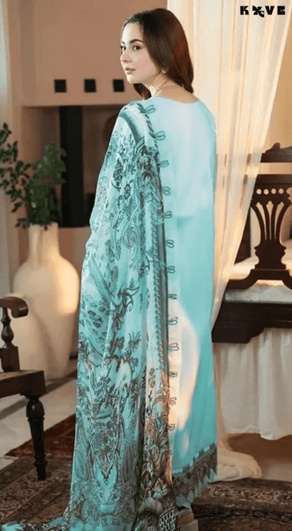 KOVE - Pakistani Women's Light Blue Embroidered Lawn 3-Piece Kurta Set - KOVE