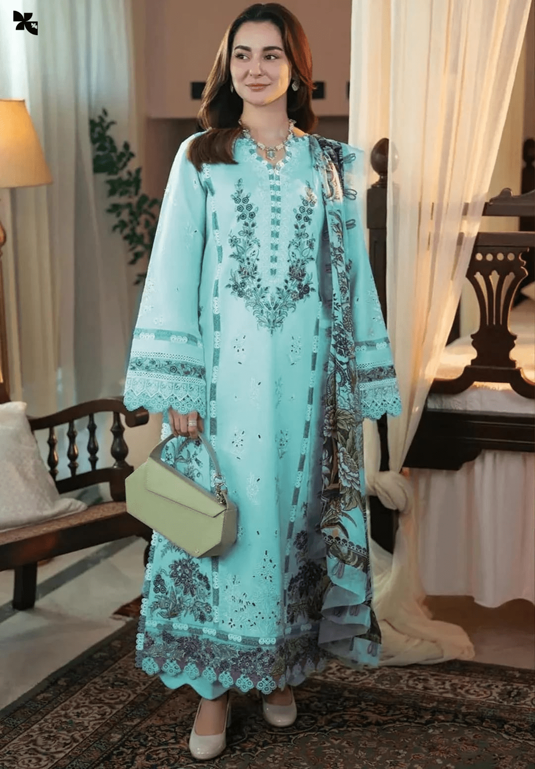KOVE - Pakistani Women's Light Blue Embroidered Lawn 3-Piece Kurta Set - KOVE
