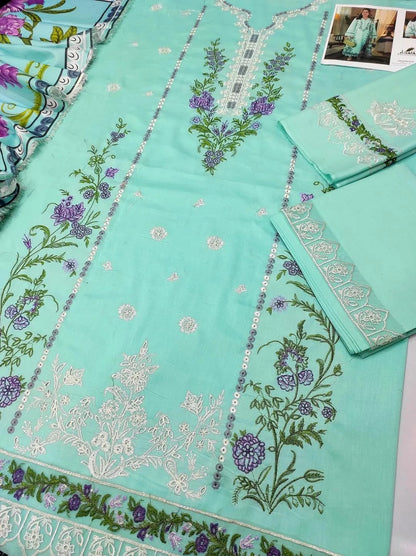 KOVE - Pakistani Women's Light Blue Embroidered Lawn 3-Piece Kurta Set - KOVE