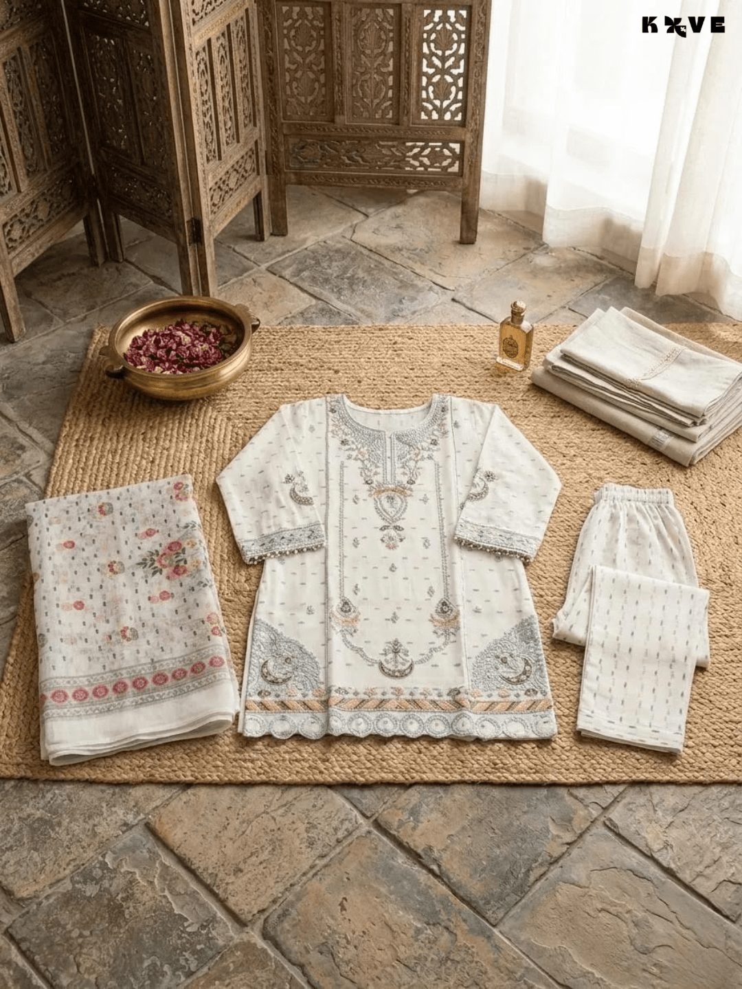 KOVE - Premium Multicolor Cotton Lawn Embroidered Dress Set