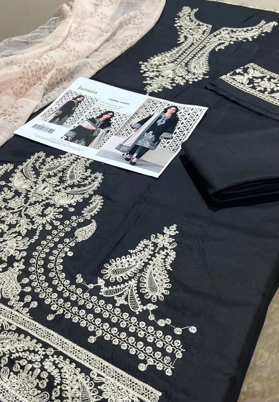 KOVE - Women's Black Embroidered Lawn 3-Piece Suit with Beige Khaadi Shawl - KOVE