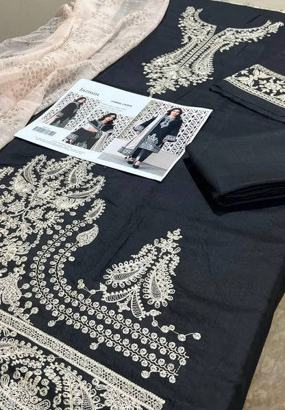 KOVE - Women's Black Embroidered Lawn 3-Piece Suit with Beige Khaadi Shawl - KOVE