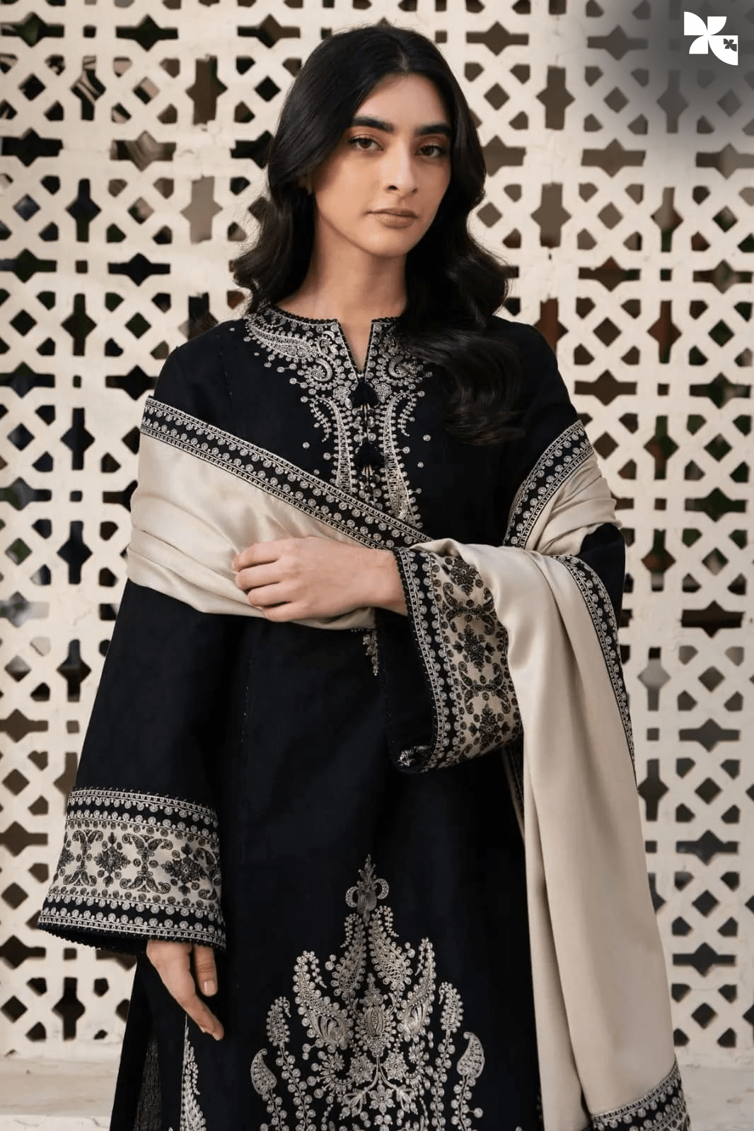 KOVE - Women's Black Embroidered Lawn 3-Piece Suit with Beige Khaadi Shawl - KOVE