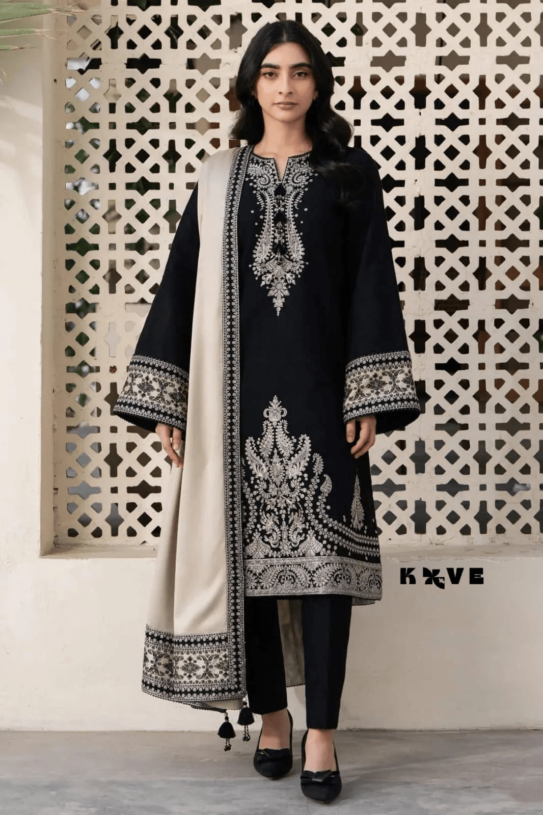 KOVE - Women's Black Embroidered Lawn 3-Piece Suit with Beige Khaadi Shawl - KOVE
