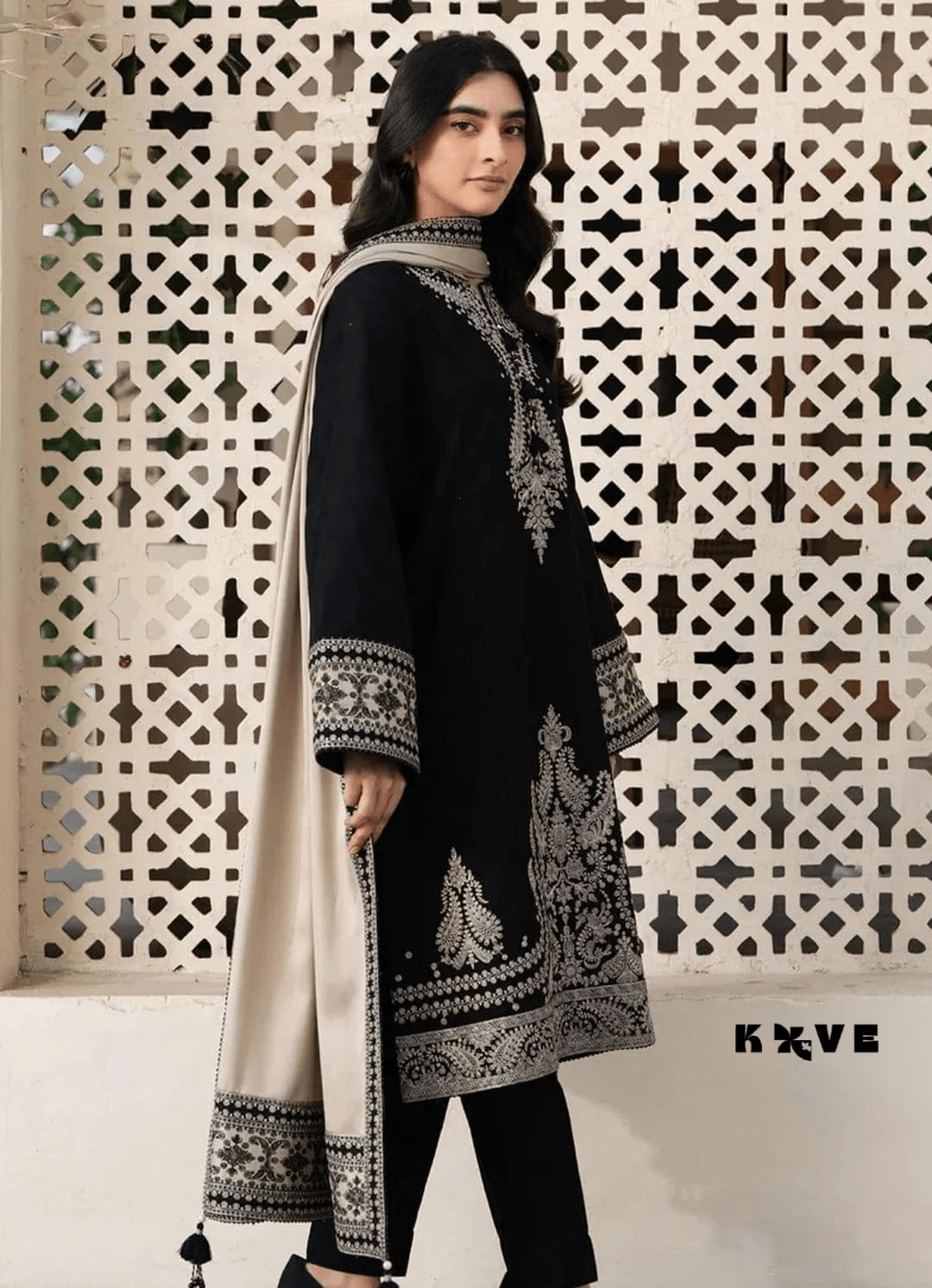 KOVE - Women's Black Embroidered Lawn 3-Piece Suit with Beige Khaadi Shawl - KOVE