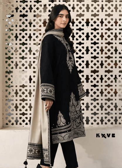 KOVE - Women's Black Embroidered Lawn 3-Piece Suit with Beige Khaadi Shawl - KOVE